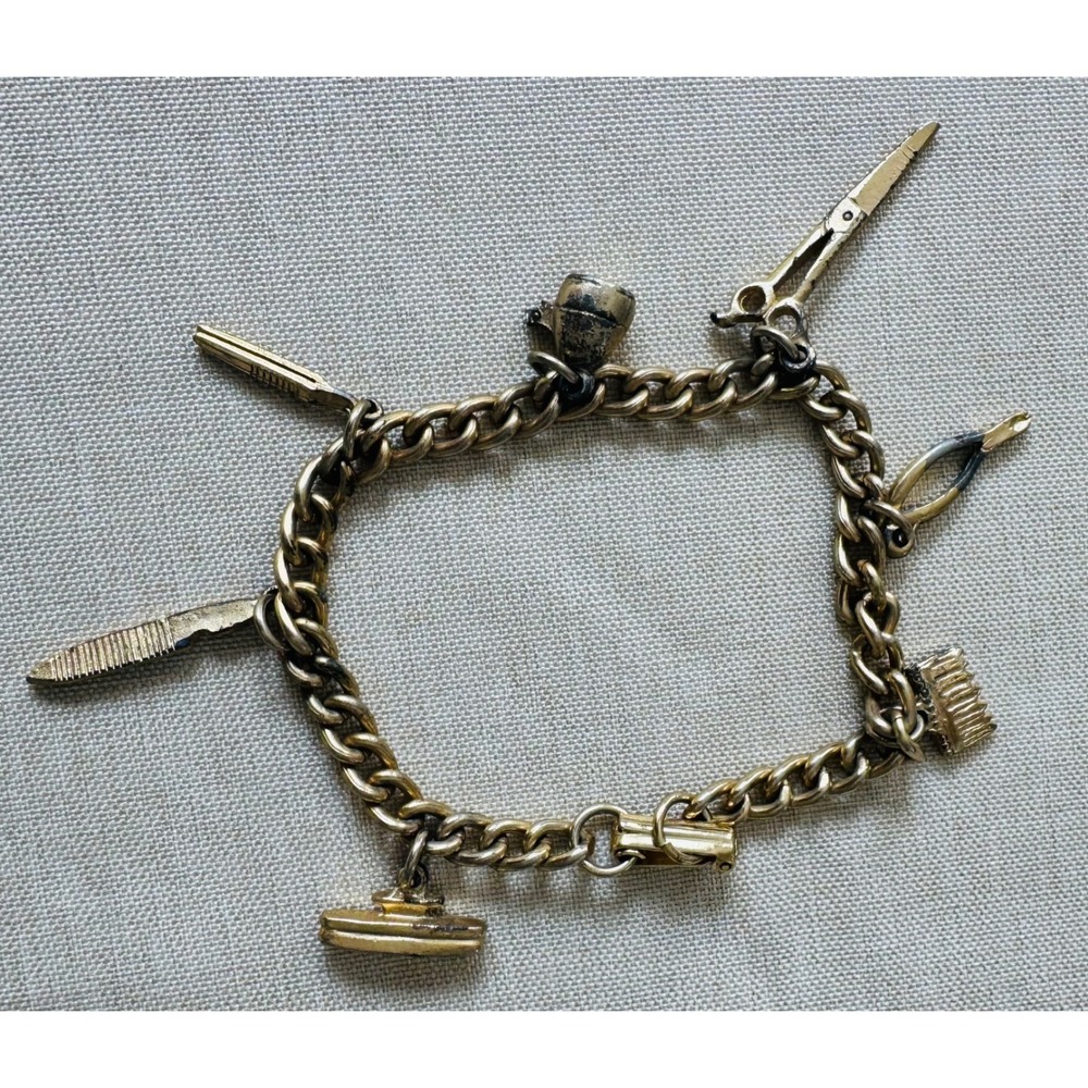 Vintage Gold Tone Charm Bracelet Barber‎ Hairdresser Beauty Salon Theme